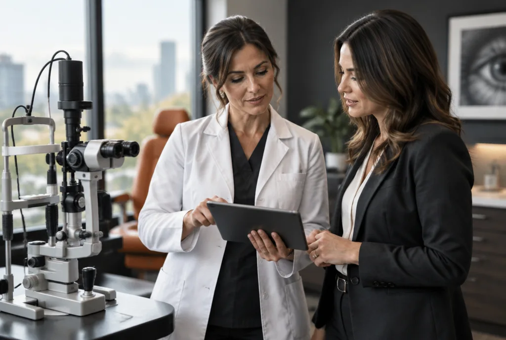 Ophthalmologist and practice administrator reviewing a schedule beside a slit lamp