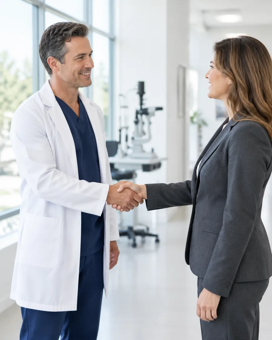 Physician in scrubs shaking hands with a practice administrator in a suit in a bright eye clinic