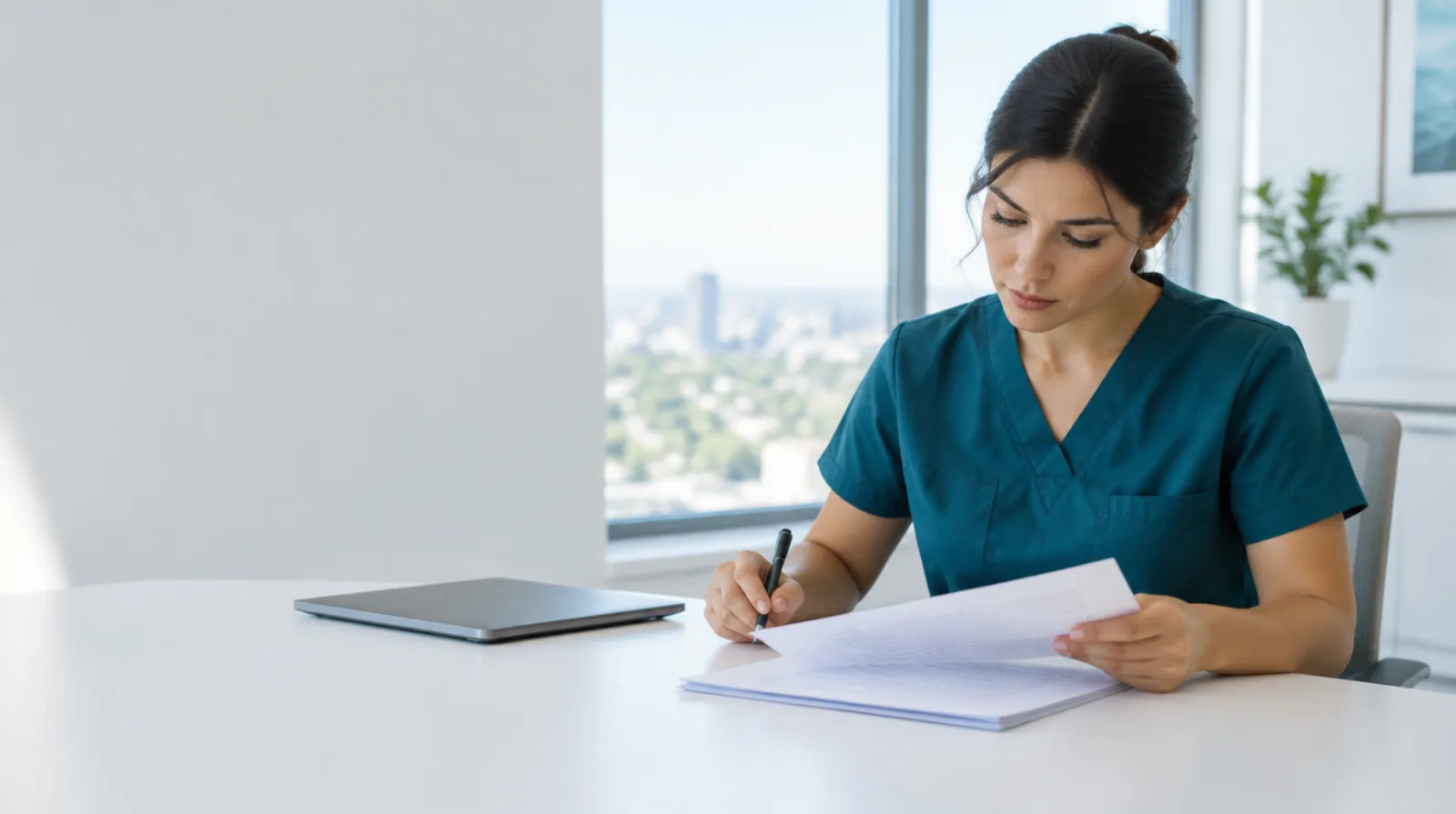 Young ophthalmologist reading an employment contract at a desk