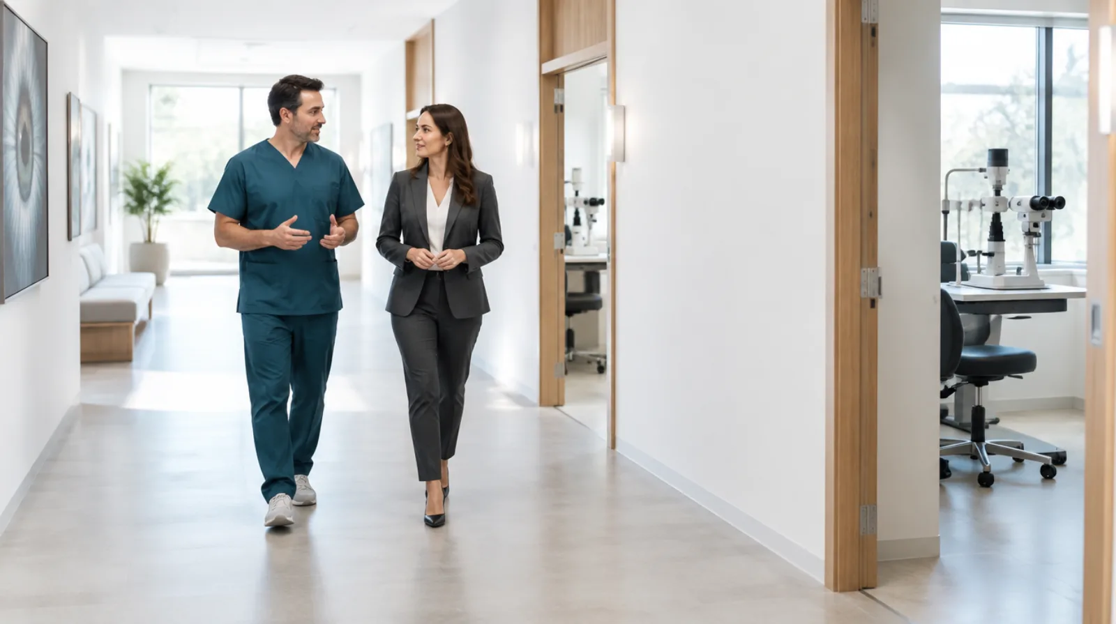 Ophthalmologist and practice administrator walking through a modern eye clinic
