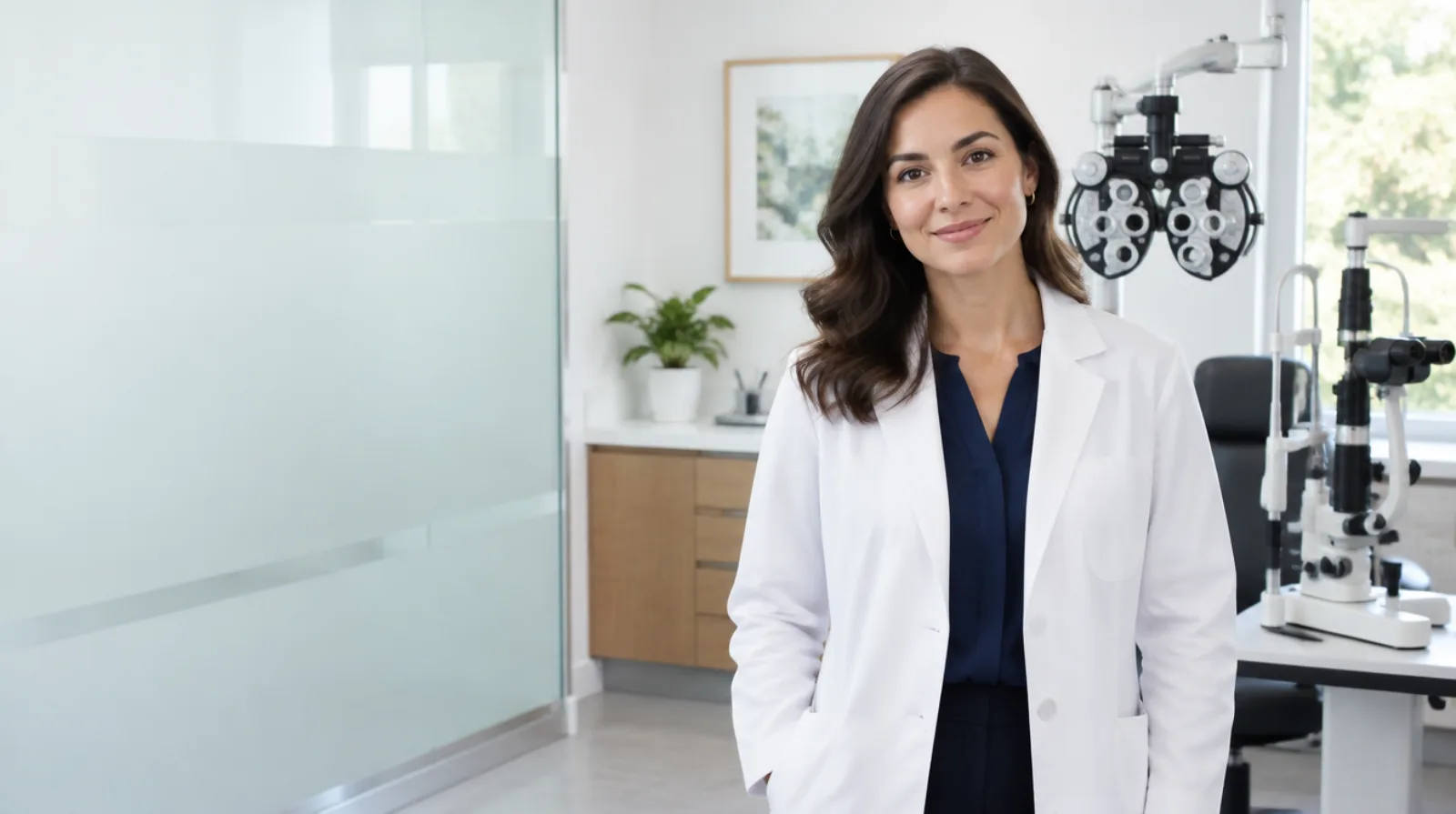 Optometrist standing beside a phoropter in a bright exam room