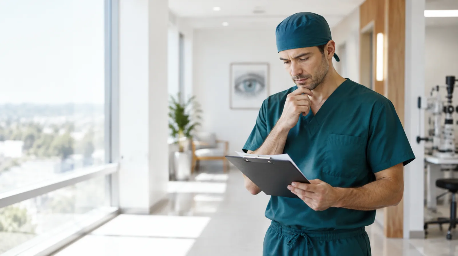Ophthalmologist in scrubs reviewing a compensation offer in a bright clinic hallway