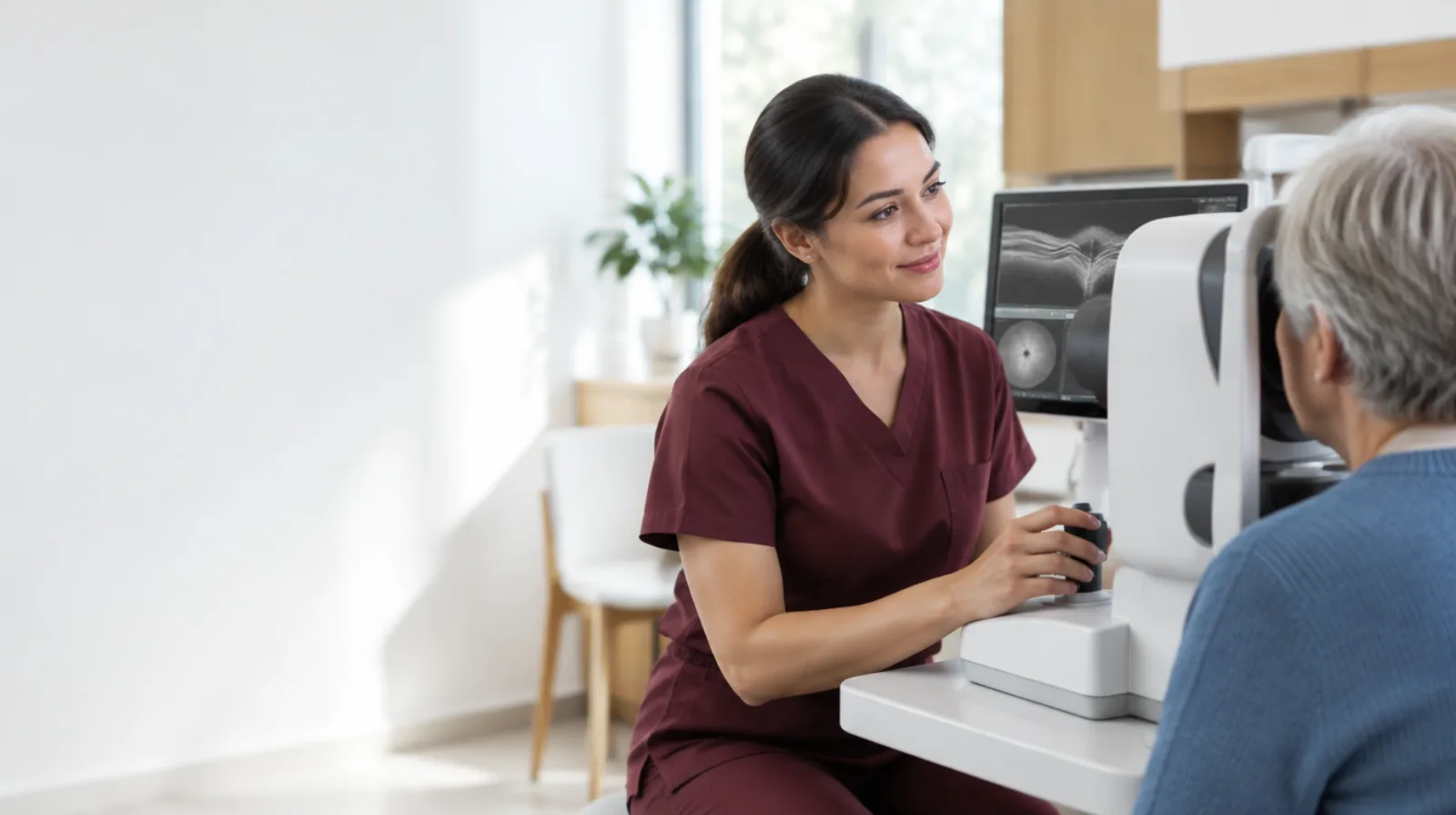 Ophthalmic technician performing an OCT scan on a patient