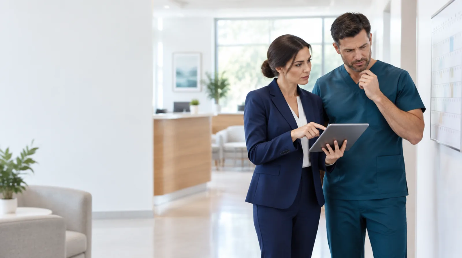 Practice administrator and ophthalmologist planning a recruiting timeline in a clinic lobby