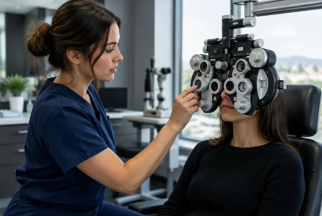 Optometrist performing a refraction in a modern exam lane